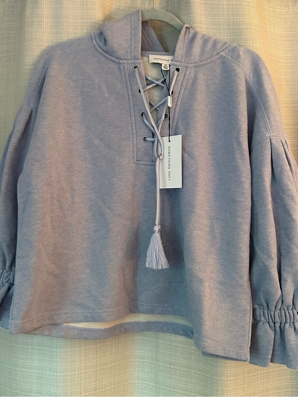 Something Navy Sophia Light Blue Lace-Up Hoodie with Tassels and shimmer - Picture 3 of 13